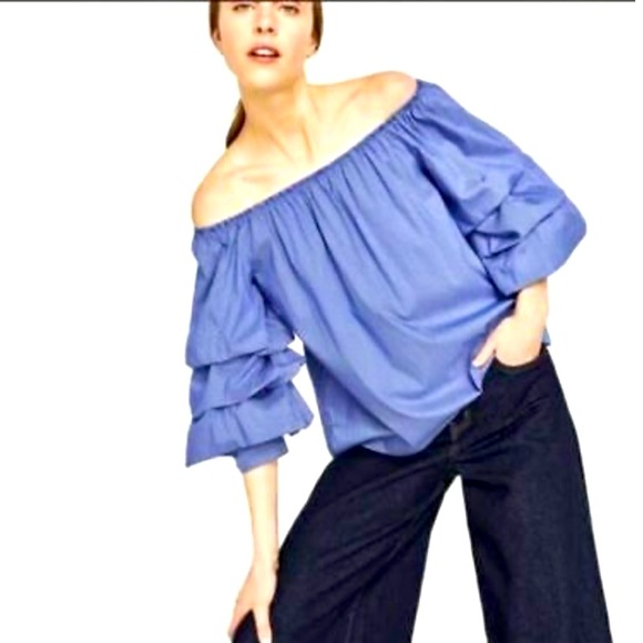 Zara off shoulder blue stipe ruffle sleeve Top (L) - Picture 3 of 7